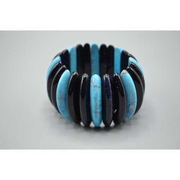 Goldstone & Turquoise Long Bead Stretch Bracelet Chunky Large Bangle Jewelry - Picture 3 of 8